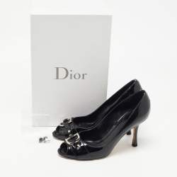 Dior Black Patent Leather CD Logo Peep Toe Pumps Size 37.5