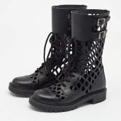 Dior Black Leather Laser cut Accents Combat Boots Size 37