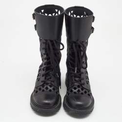 Dior Black Leather Laser cut Accents Combat Boots Size 37