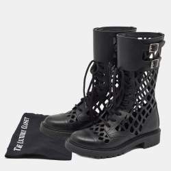 Dior Black Leather Laser cut Accents Combat Boots Size 37