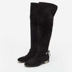 Pre Owned Dior Black Suede Buckle Knee Length Boots Size 37