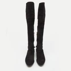 Pre Owned Dior Black Suede Buckle Knee Length Boots Size 37