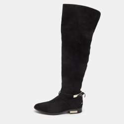 Pre Owned Dior Black Suede Buckle Knee Length Boots Size 37