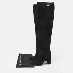 Dior Black  Suede Block Heel Knee Length Boots Size 38