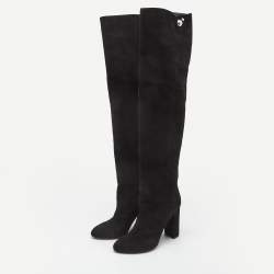 Dior Black  Suede Block Heel Knee Length Boots Size 38