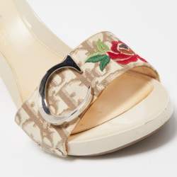 Dior Cream Canvas CD Rose Embroided Slide Clogs Sandals Size 39.5