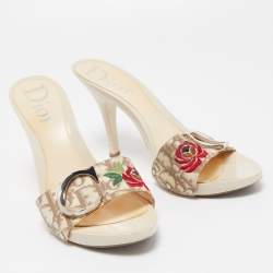 Dior Cream Canvas CD Rose Embroided Slide Clogs Sandals Size 39.5