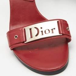 Dior Red Leather Cut Out Logo Plaque Slide Sandals Size 39.5