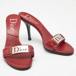 Dior Red Leather Cut Out Logo Plaque Slide Sandals Size 39.5