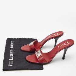 Dior Red Leather Cut Out Logo Plaque Slide Sandals Size 39.5