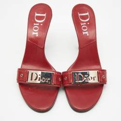 Dior Red Leather Cut Out Logo Plaque Slide Sandals Size 39.5