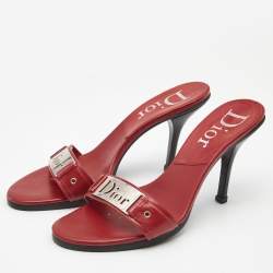 Dior Red Leather Cut Out Logo Plaque Slide Sandals Size 39.5