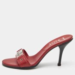 Dior Red Leather Cut Out Logo Plaque Slide Sandals Size 39.5