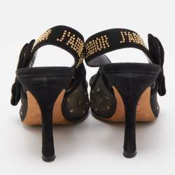 Dior Black Plumetis Mesh J'adior Studded Suede Pointed Toe Slingback Pumps Size 37.5