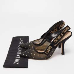 Dior Black Plumetis Mesh J'adior Studded Suede Pointed Toe Slingback Pumps Size 37.5