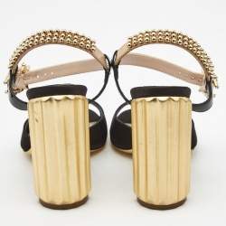 مملوكة مسبقًا Dior Black/Beige Satin and Patent Leather Studded Ankle Strap Sandals Size 38.5