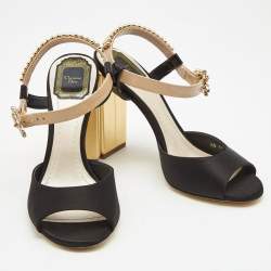 مملوكة مسبقًا Dior Black/Beige Satin and Patent Leather Studded Ankle Strap Sandals Size 38.5