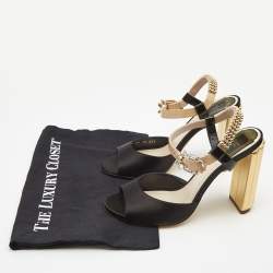 مملوكة مسبقًا Dior Black/Beige Satin and Patent Leather Studded Ankle Strap Sandals Size 38.5