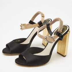 مملوكة مسبقًا Dior Black/Beige Satin and Patent Leather Studded Ankle Strap Sandals Size 38.5