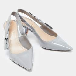 Pre Owned Dior Grey Patent Leather Bow Slingback Pumps Size 36