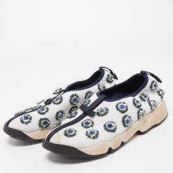 Pre Owned Dior White/Navy Blue Crystal Embellished Mesh Fusion Sneakers Size 38