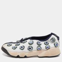 Pre Owned Dior White/Navy Blue Crystal Embellished Mesh Fusion Sneakers Size 38