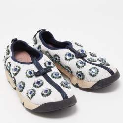 Pre Owned Dior White/Navy Blue Crystal Embellished Mesh Fusion Sneakers Size 38