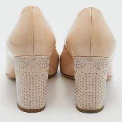 Dior Beige Patent Leather Stud Embellished Block Heel Pumps Size 38.5