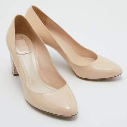 Dior Beige Patent Leather Stud Embellished Block Heel Pumps Size 38.5