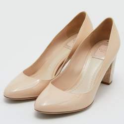 Dior Beige Patent Leather Stud Embellished Block Heel Pumps Size 38.5