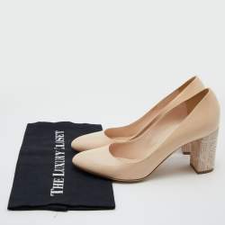 Dior Beige Patent Leather Stud Embellished Block Heel Pumps Size 38.5