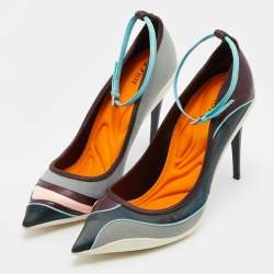 Pre Owned Dior Multicolor Knit Fabric, Leather and Satin Pointed Toe Ankle Strap Pumps Size 39
