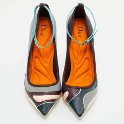 Pre Owned Dior Multicolor Knit Fabric, Leather and Satin Pointed Toe Ankle Strap Pumps Size 39