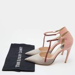 Pre Owned Dior Tri Color Lizard Embossed Leather Crystal Embellished T-Bar Pointed Toe Pumps Size 39