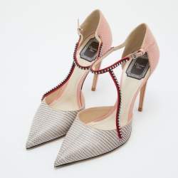 Pre Owned Dior Tri Color Lizard Embossed Leather Crystal Embellished T-Bar Pointed Toe Pumps Size 39
