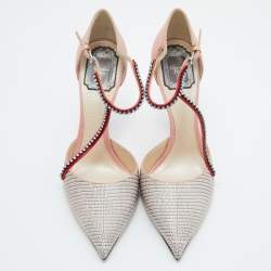 Pre Owned Dior Tri Color Lizard Embossed Leather Crystal Embellished T-Bar Pointed Toe Pumps Size 39