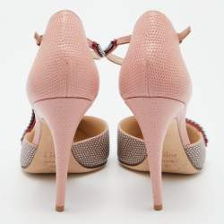 Pre Owned Dior Tri Color Lizard Embossed Leather Crystal Embellished T-Bar Pointed Toe Pumps Size 39