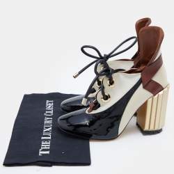 Pre Owned Dior Tricolor Patent Leather and Canvas Lace Up Block Heel Pumps Size 38
