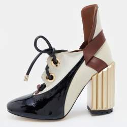 Pre Owned Dior Tricolor Patent Leather and Canvas Lace Up Block Heel Pumps Size 38