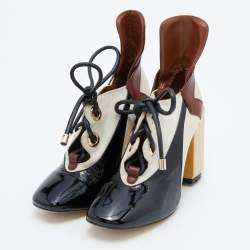 Pre Owned Dior Tricolor Patent Leather and Canvas Lace Up Block Heel Pumps Size 38