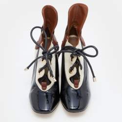 Pre Owned Dior Tricolor Patent Leather and Canvas Lace Up Block Heel Pumps Size 38