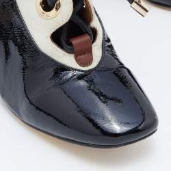 Pre Owned Dior Tricolor Patent Leather and Canvas Lace Up Block Heel Pumps Size 38