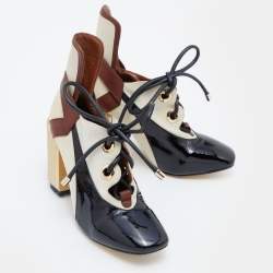 Pre Owned Dior Tricolor Patent Leather and Canvas Lace Up Block Heel Pumps Size 38