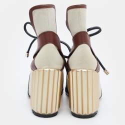 Pre Owned Dior Tricolor Patent Leather and Canvas Lace Up Block Heel Pumps Size 38