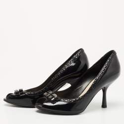Pre Owned Dior Black Patent Leather Double Bow Peep Toe Pumps Size 35