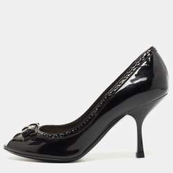 Pre Owned Dior Black Patent Leather Double Bow Peep Toe Pumps Size 35