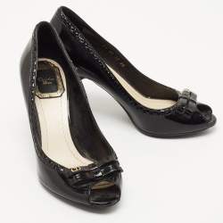 Pre Owned Dior Black Patent Leather Double Bow Peep Toe Pumps Size 35