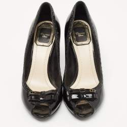 Pre Owned Dior Black Patent Leather Double Bow Peep Toe Pumps Size 35
