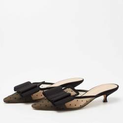 Dior Black Polka Dot Mesh and Canvas Bow Pointed Toe Mules Size 37