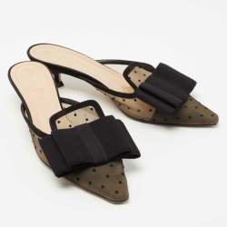 Dior Black Polka Dot Mesh and Canvas Bow Pointed Toe Mules Size 37